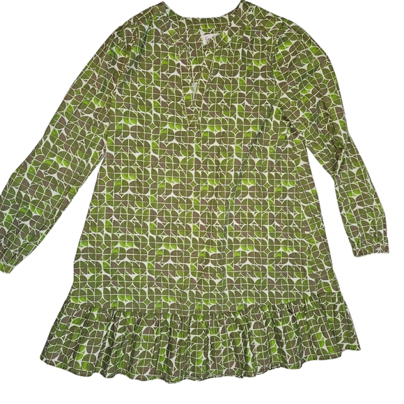 Jessica Simpson Green Brown Cotton Geometric Print Dress Sz M Ruffle Hem READ - Picture 7 of 14